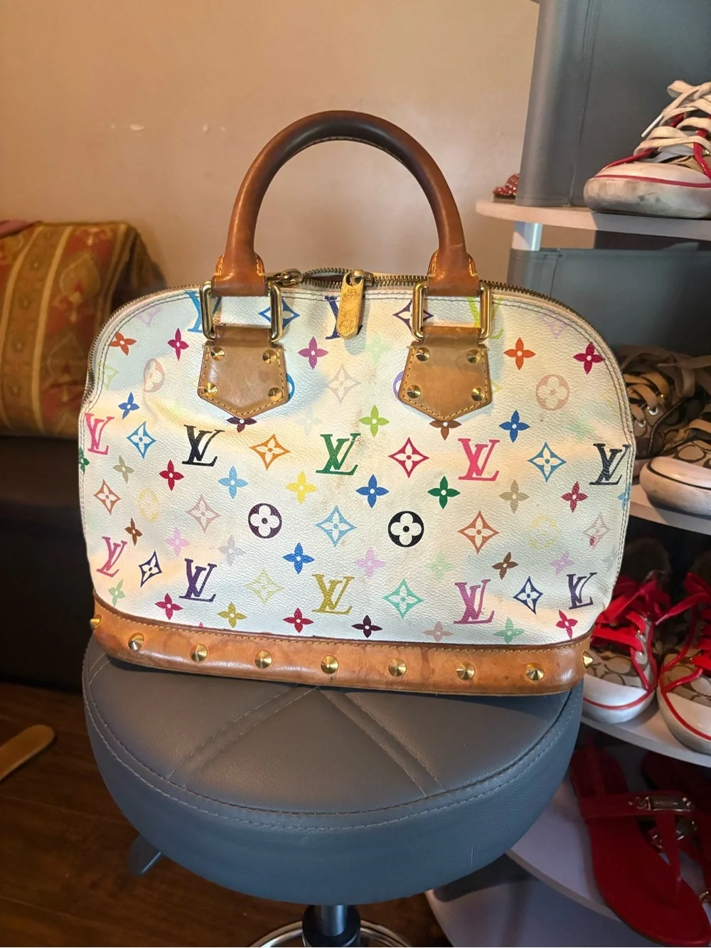 Louis Vuitton White Multicolor Monogram Alma Satchel with Tan Trim